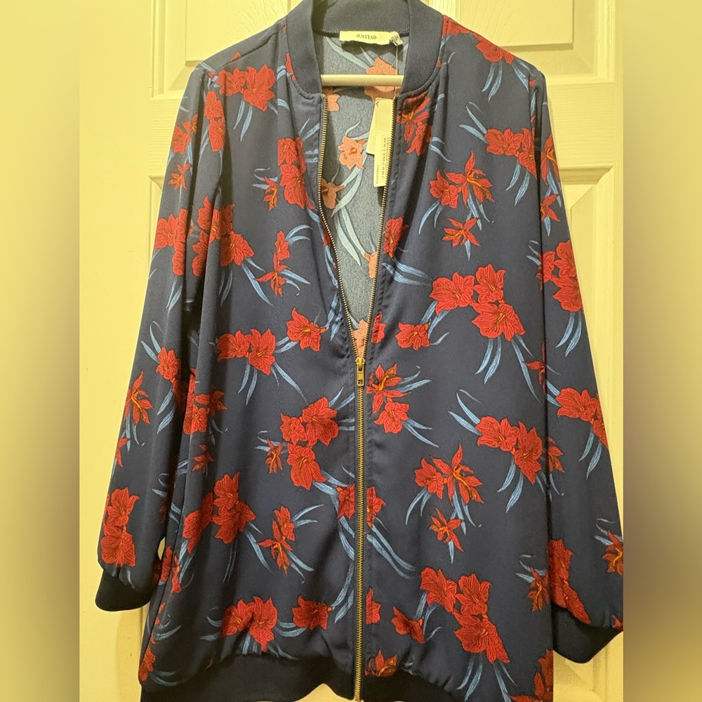 JustFab Navy and Red Floral Bomber Jacket